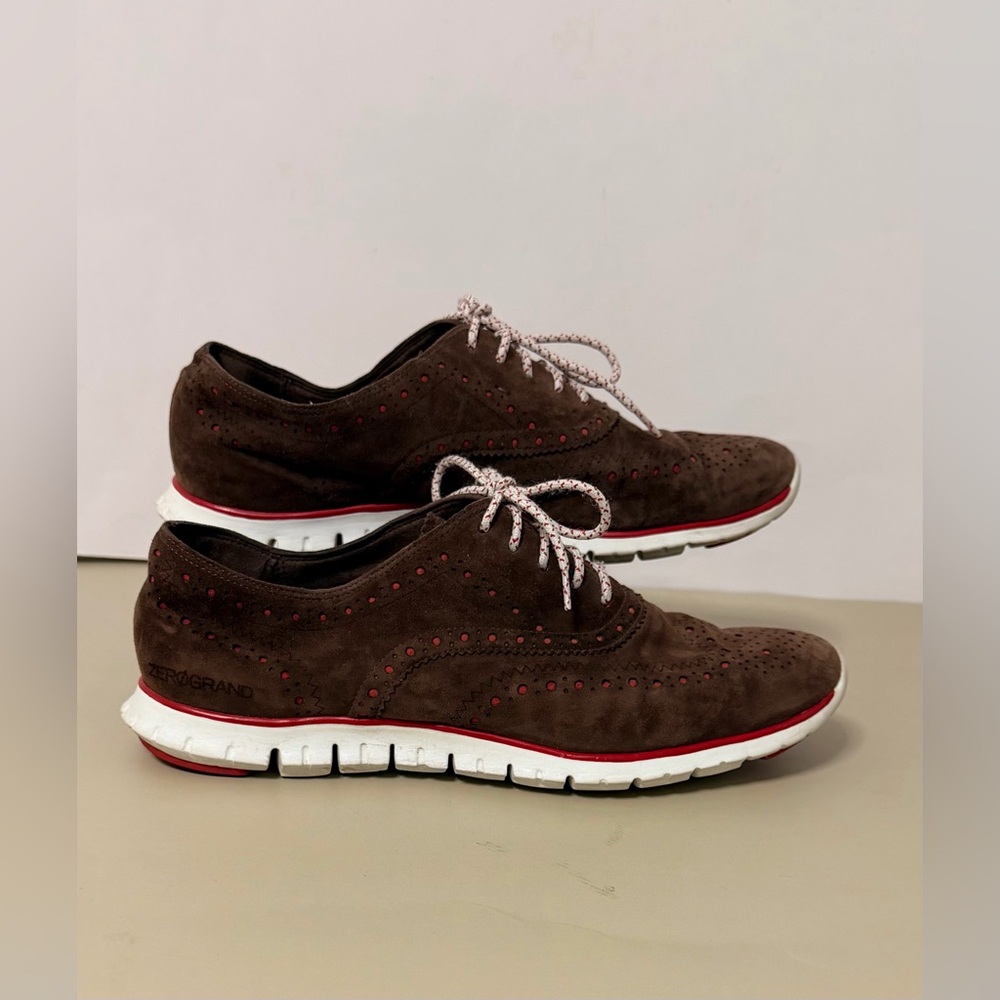 Cole Haan Zerøgrand Wingtip Oxford Brown Suede Red Accents